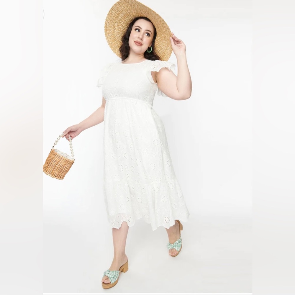 Unique Vintage White Eyelet Midi Sundress, Large, NWT!